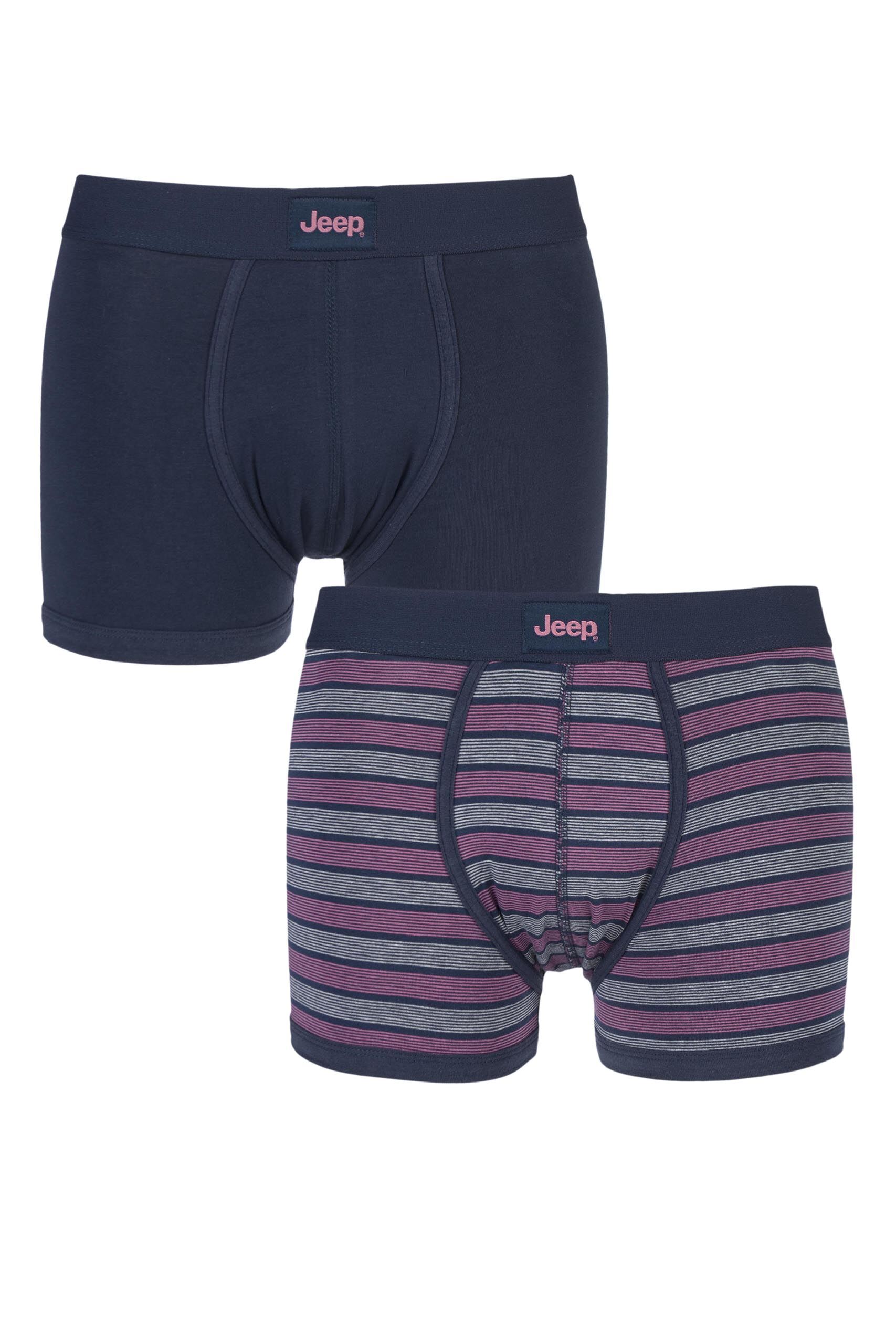 Image of 2 Pack Navy / Cherry Wide Stripe and Plain Hipster Trunks Men's Small - Jeep