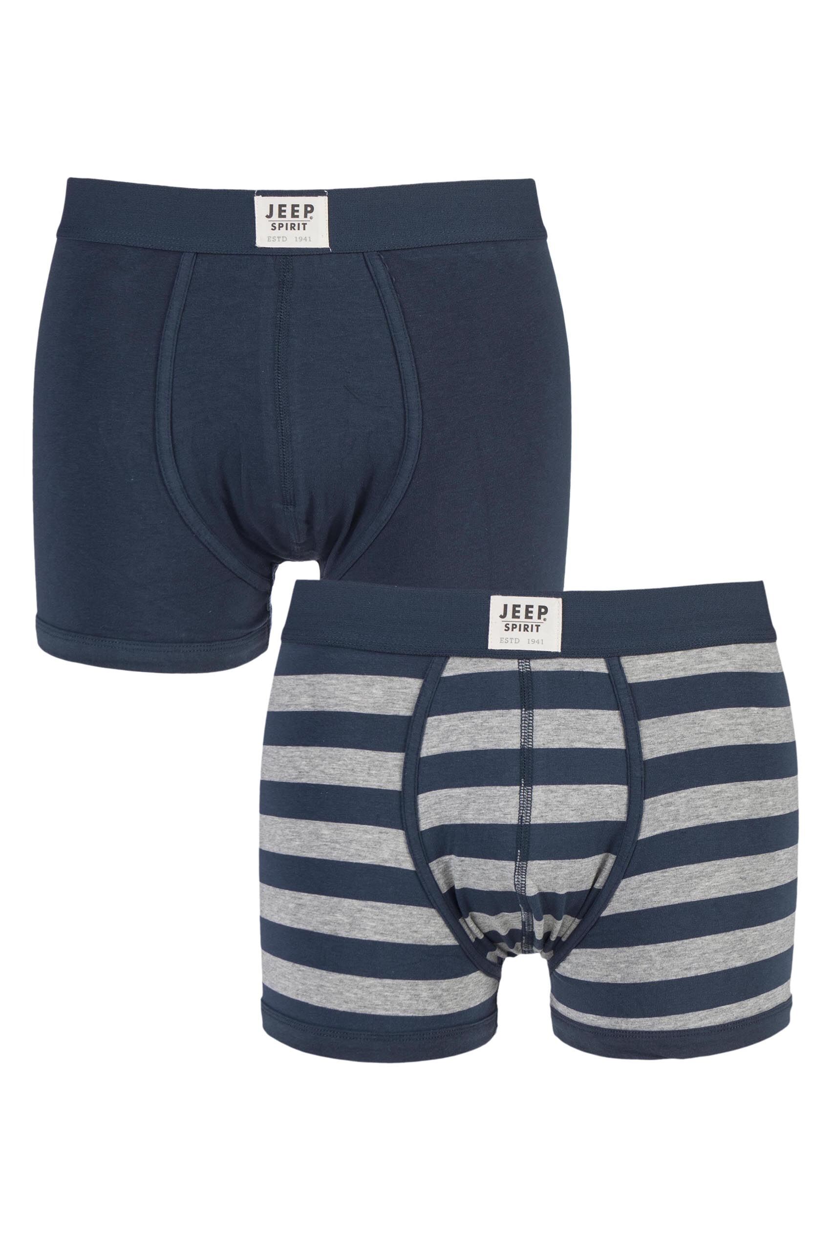 Image of 2 Pack Airforce / Grey Spirit Front Badge Plain and Block Striped Trunks Men's Small - Jeep