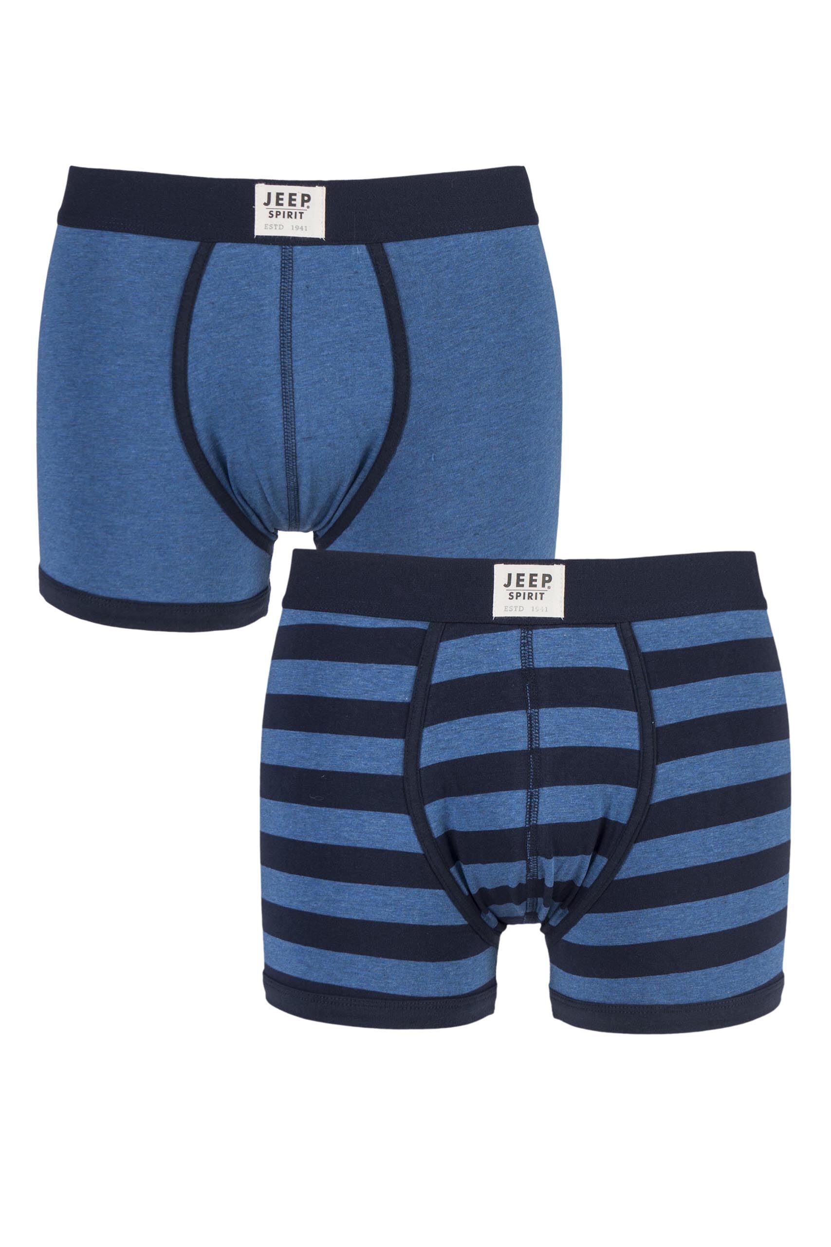 Image of 2 Pack Navy / Steel Spirit Front Badge Plain and Block Striped Trunks Men's Small - Jeep