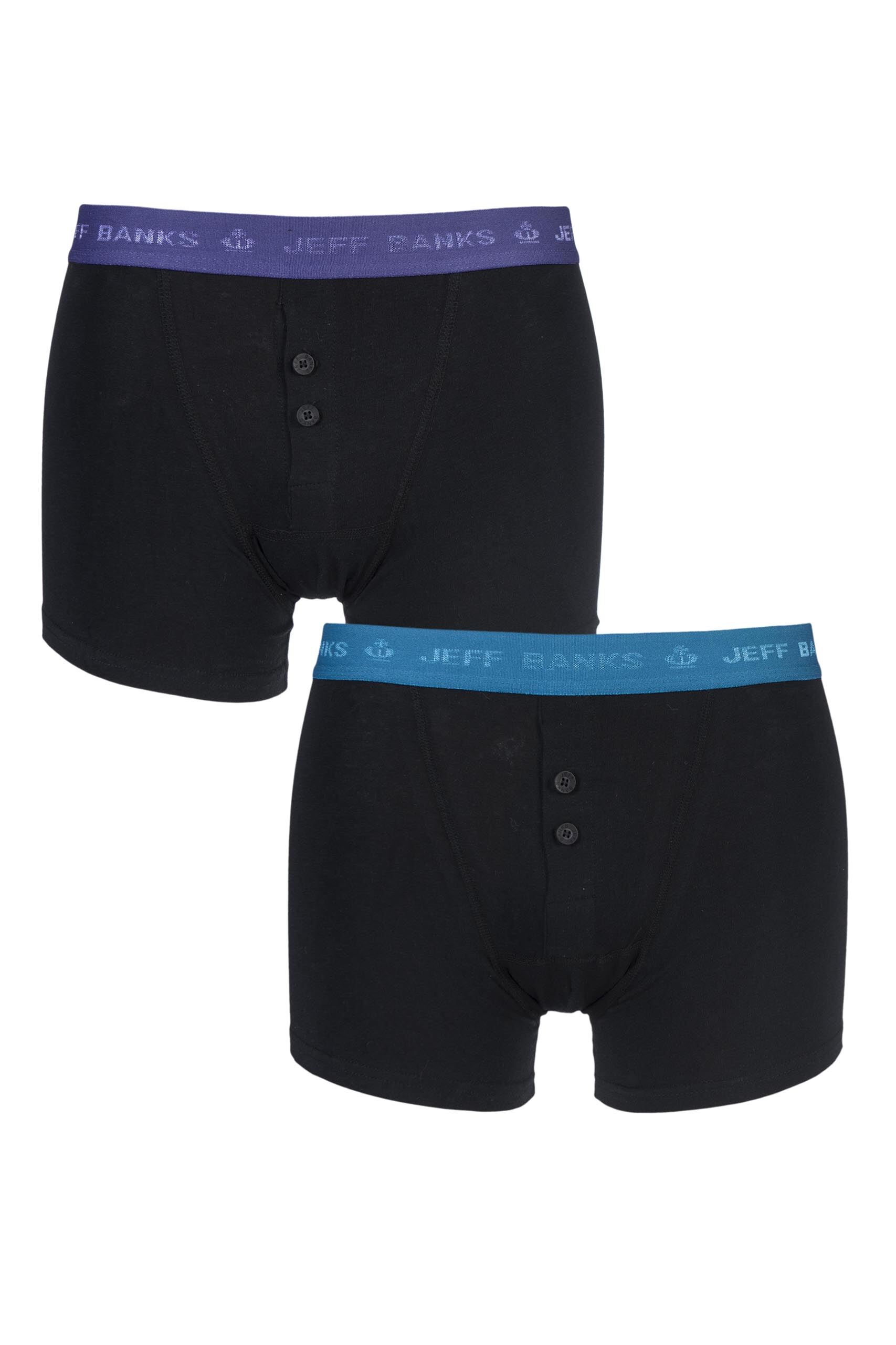 Image of 2 Pack Black / Purple / Teal Plymouth Button Cotton Boxer Shorts Men's Extra Large - Jeff Banks